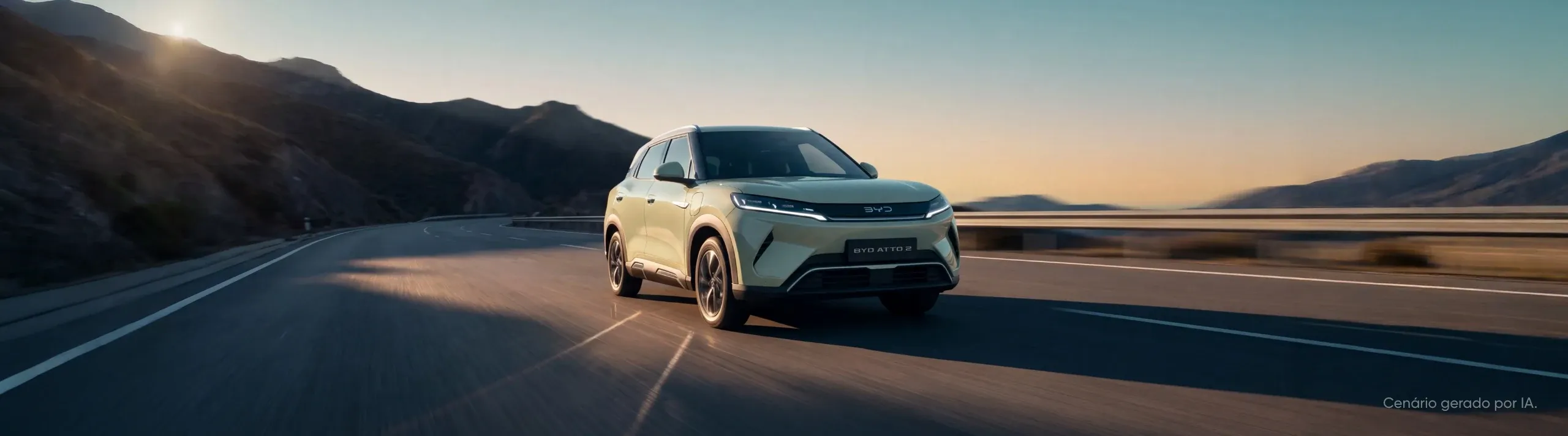 SUV elétrico BYD Atto 2 em cinzento-claro ao pôr do sol.