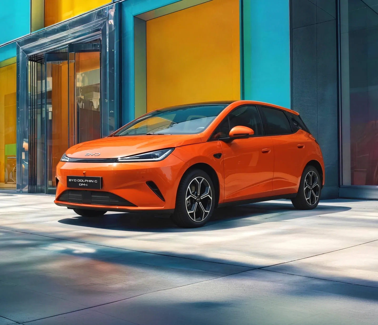 Foto em ângulo de três quartos de um carro hatchback elétrico BYD Dolphin G DM-i de cor laranja vibrante estacionado em um calçadão, com um edifício moderno de painéis amarelos e azuis ao fundo.
