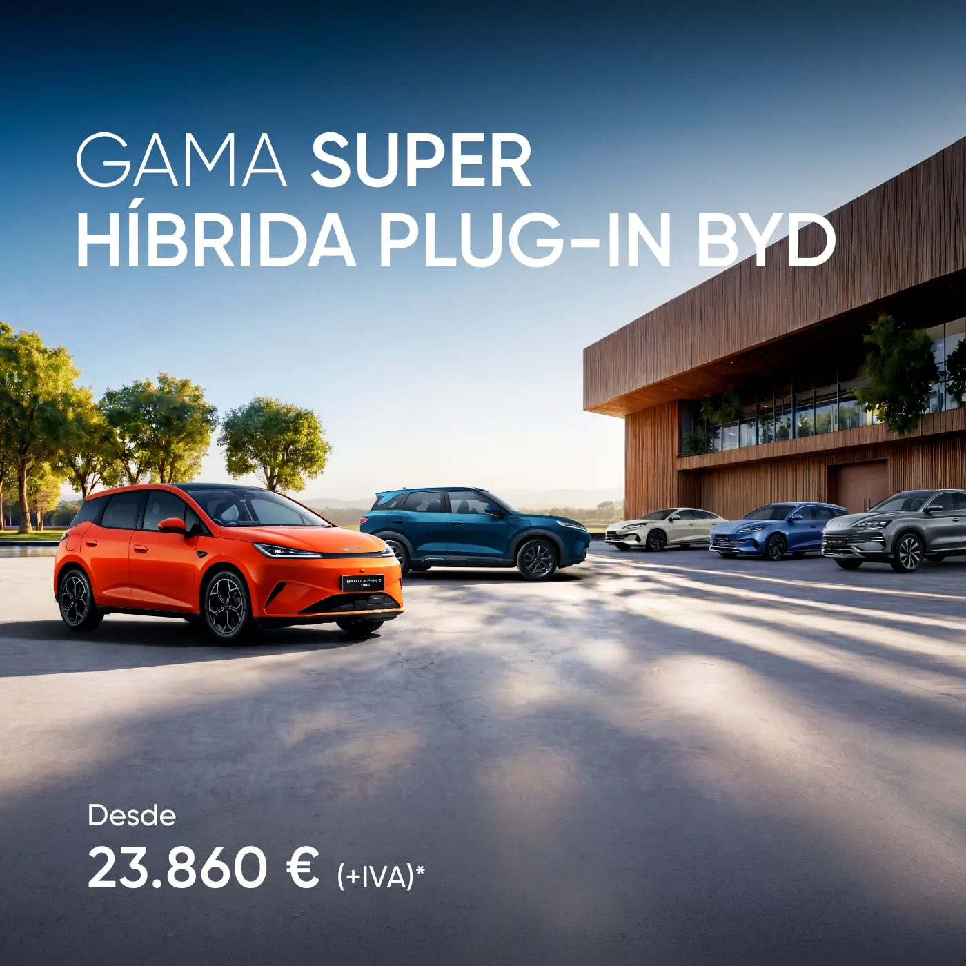 Imagem publicitária da gama de veículos híbridos plug-in da BYD com a mensagem "GAMA HÍBRIDA PLUG-IN BYD" no topo.