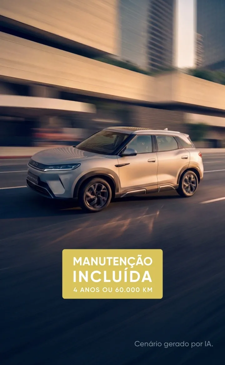 SUV elétrico BYD Atto 2 em cinzento-claro ao pôr do sol com selo de manutenção incluída.