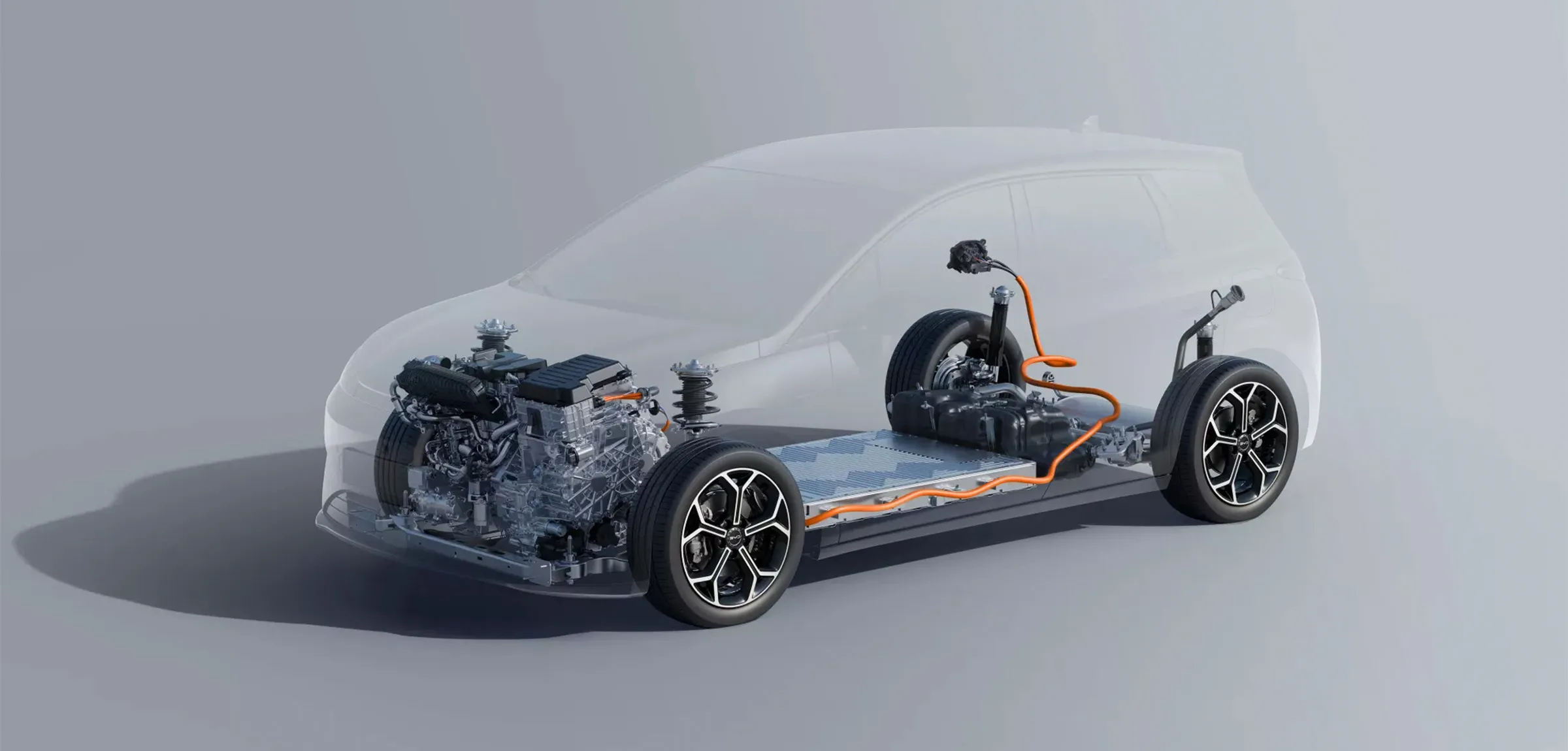 Ilustração técnica do sistema híbrido BYD DM-i integrado no chassis do veículo, evidenciando a disposição do motor térmico/elétrico dianteiro e o conjunto de baterias posicionado na plataforma inferior.