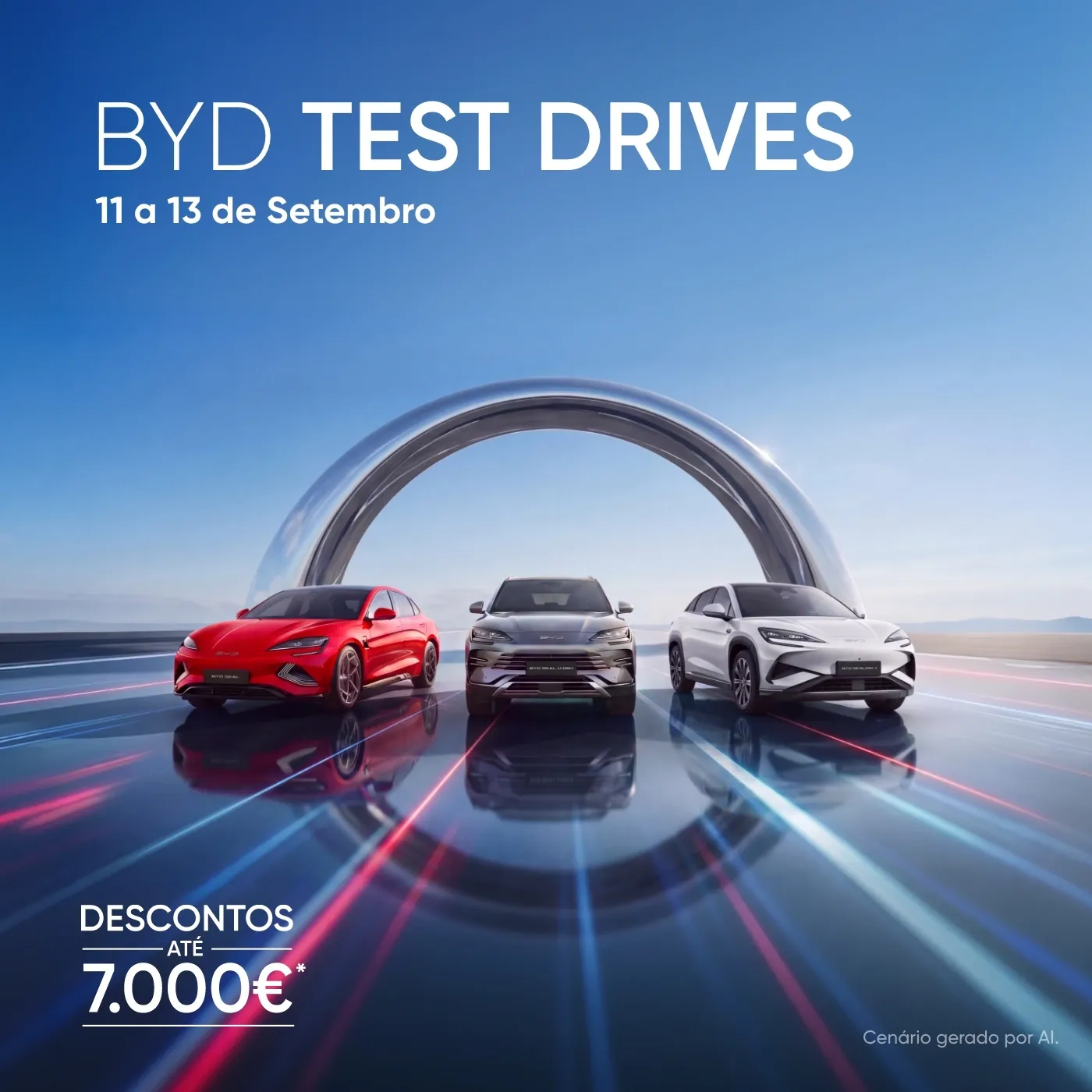 Três BYD alinhados sob a mensagem promocional "DESCONTOS ATÉ 7.000€" perante um cenário futurista.