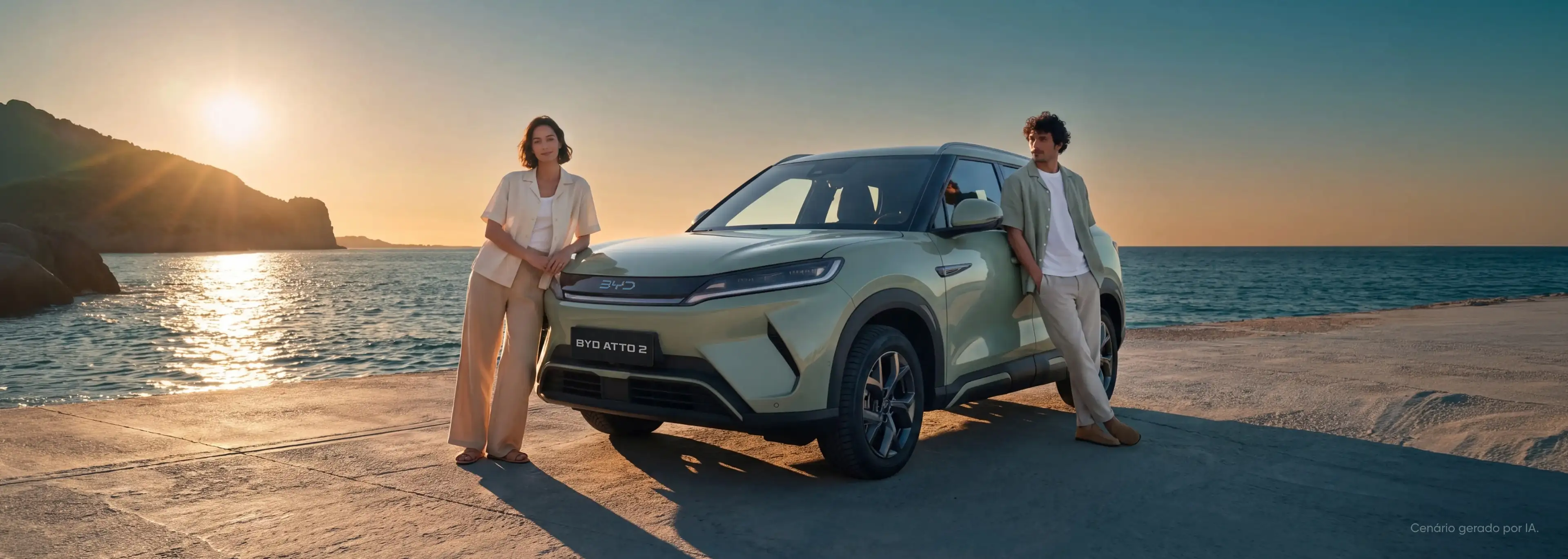 SUV elétrico BYD Atto 2 em cinzento-claro ao pôr do sol.