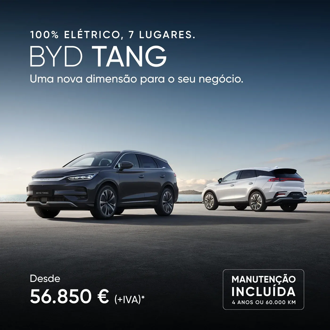 Dois SUVs elétricos BYD Tang, um cinzento-escuro e outro branco, estacionados ao ar livre junto ao mar