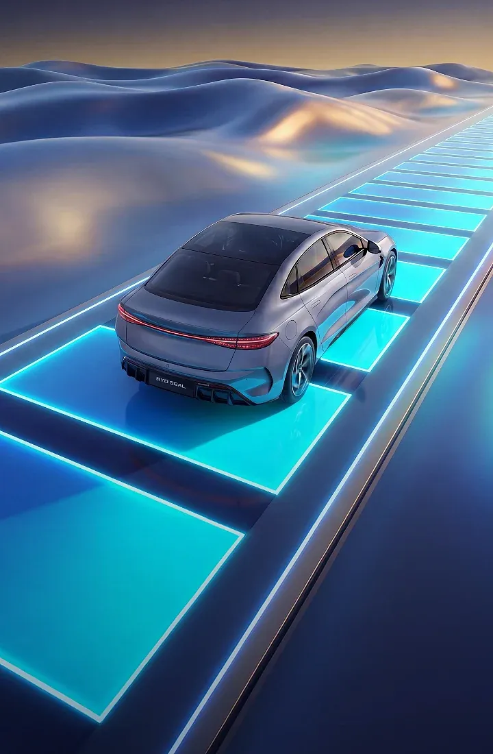 Vista traseira superior de um carro elétrico BYD Seal cinzento, a conduzir numa estrada futurista iluminada com painéis azuis néon, atravessando uma paisagem abstrata de dunas onduladas.