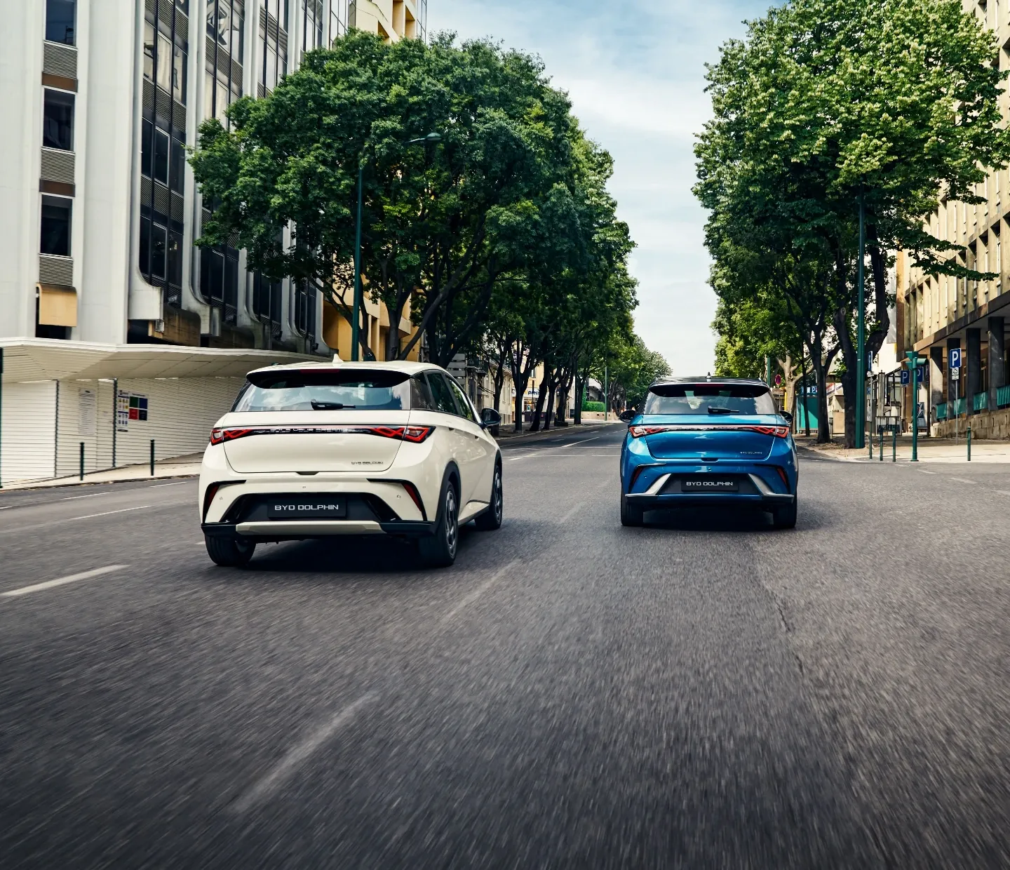 Dois BYD Dolphin em andamento numa cidade. 