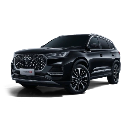 Imposing black Tiggo 8 featuring a signature diamond-patterned chrome grille and a commanding road presence