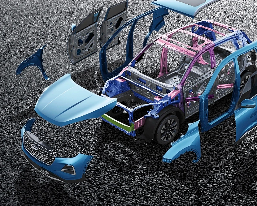 Exploded view of the high-strength steel vehicle body structure showcasing advanced engineering and manufacturing precision