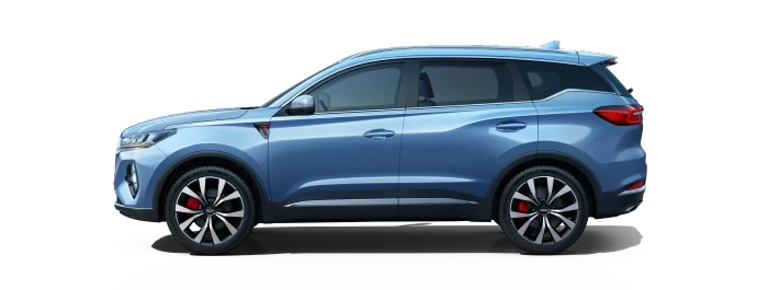 Side view of a metallic glacier blue Chery Tiggo 7