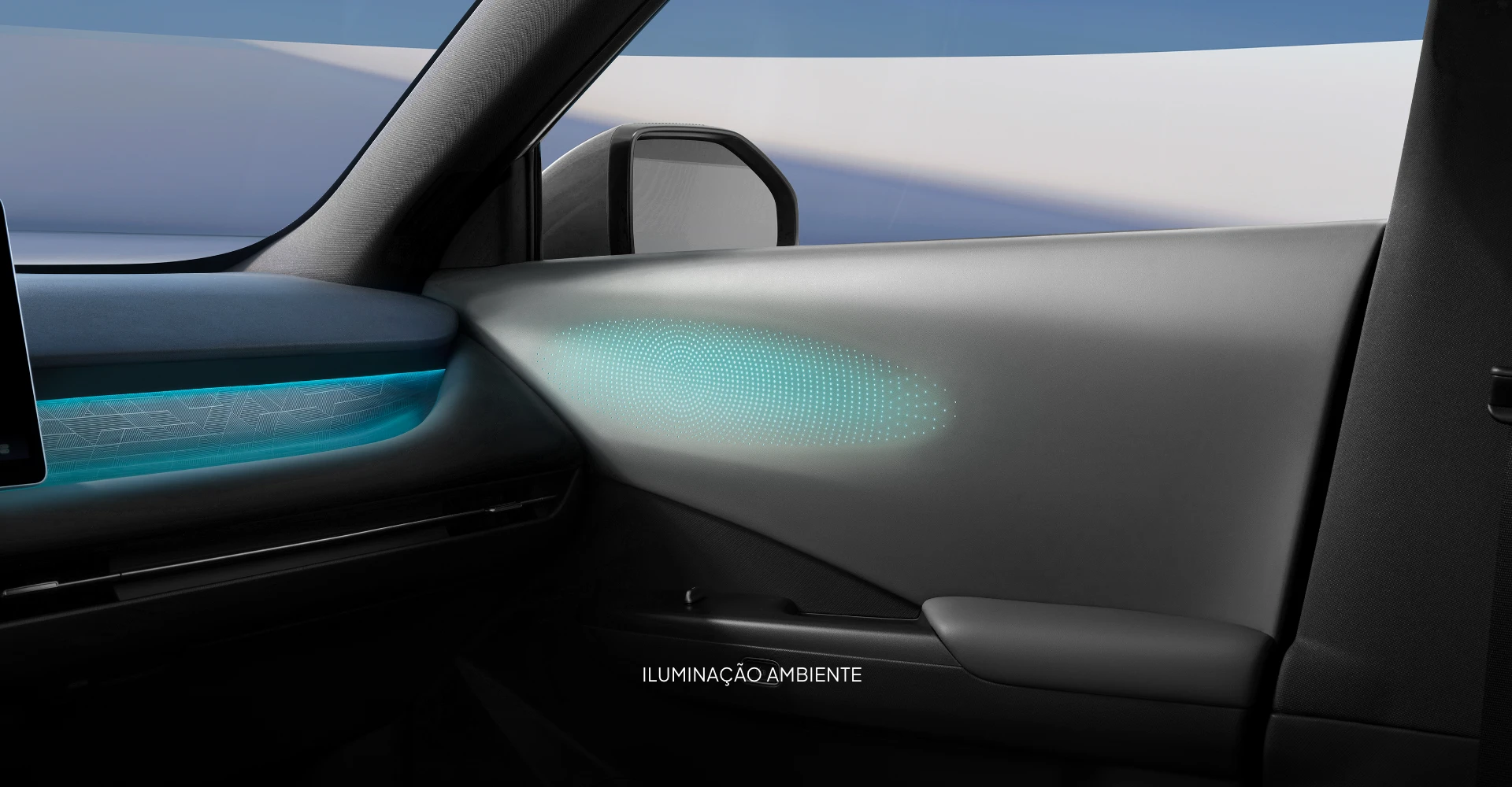 Detalhe do interior do Dongfeng VIGO, com iluminação ambiente azul integrada no painel e no revestimento da porta dianteira do passageiro.