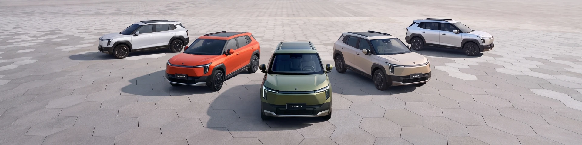 Cinco Dongfeng VIGO apresentados em diferentes cores, com um modelo verde em primeiro plano.