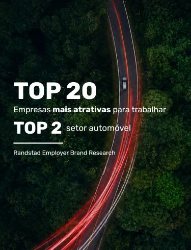 Imagem de fundo com um automóvel e uma estrada. Texto a acompanhar "Top 20 empresas mais atrativas para trabalhar" "top 2 setor automóvel" "Employer Randstad Research"