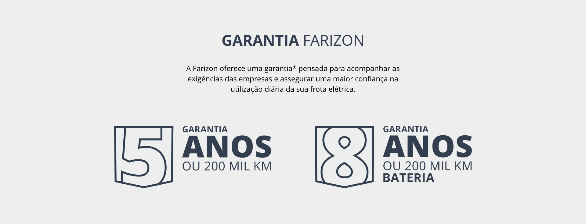 ícone de 5 anos de garantia ou 200 mil km para a viatura e ícone de 8 anos de garantia ou 200 mil km para a bateria. 