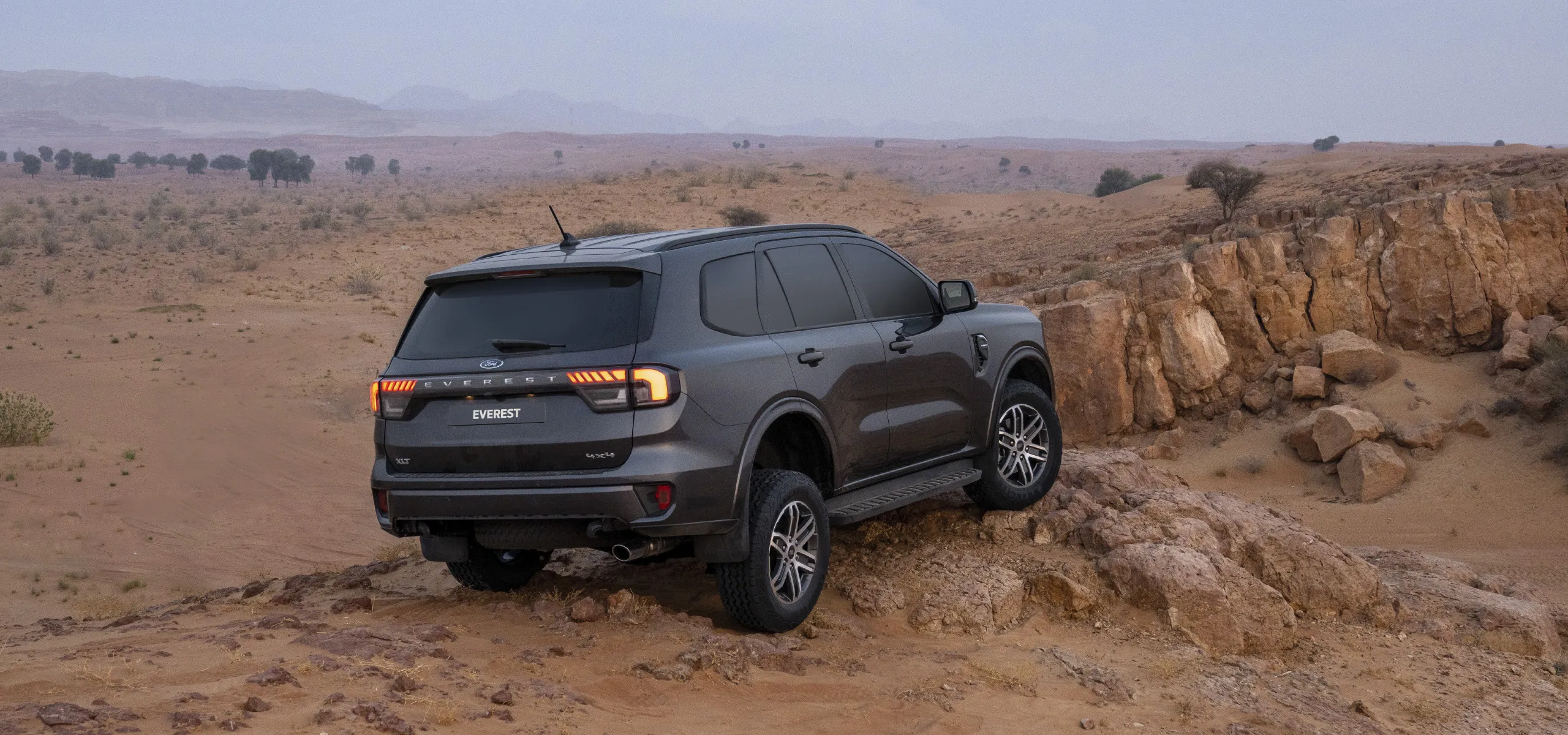 Ford Everest estacionada no cimo de umas rochas com o deserto de frente