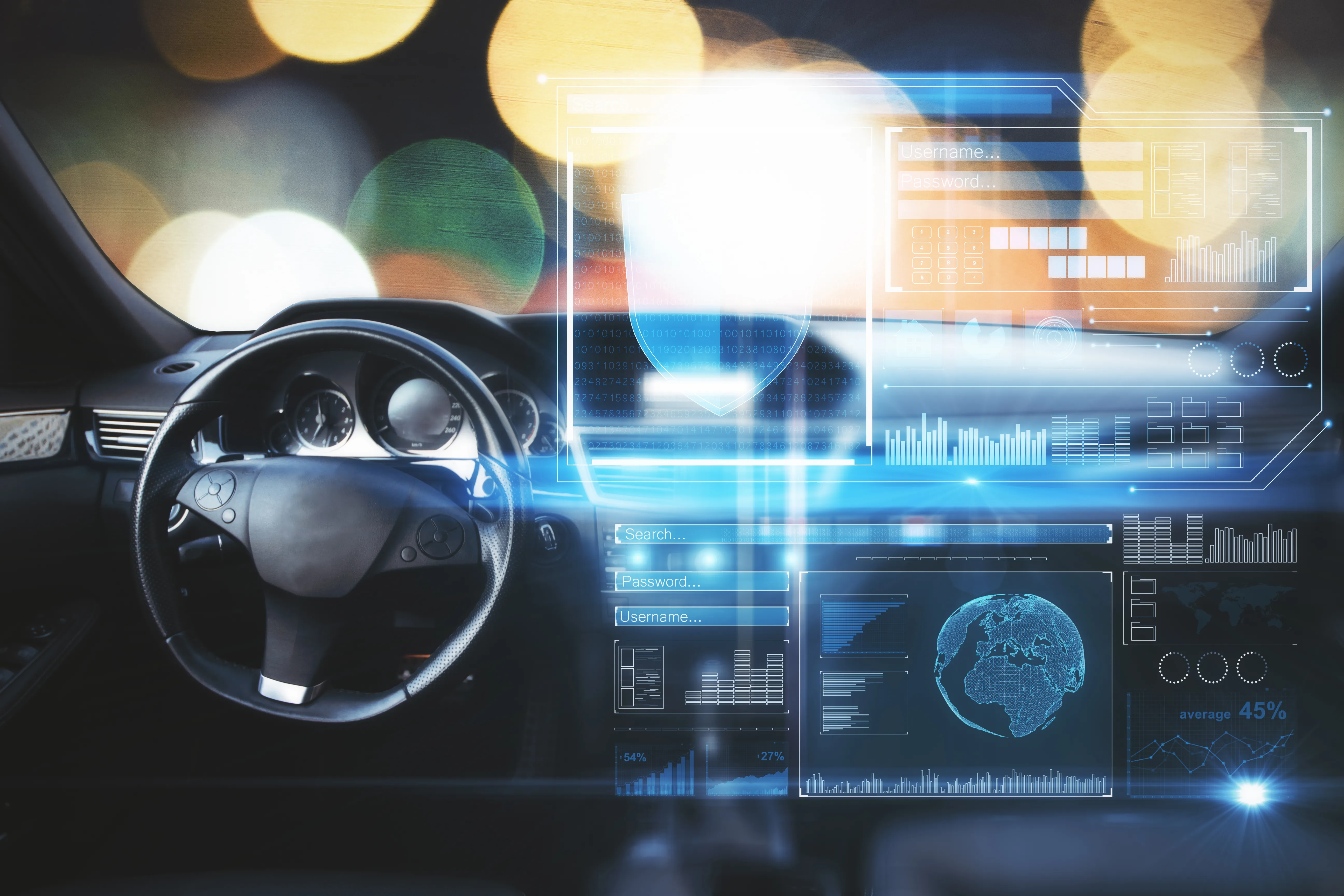 Imagem de um carro com um holograma de informação no seu interior
