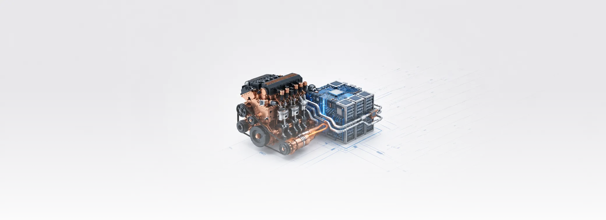 Imagem de um motor e um chip em 3D