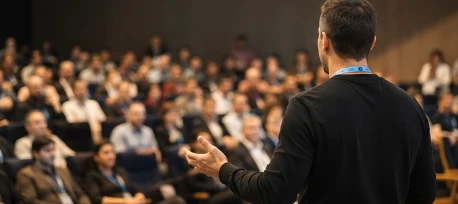 Pessoa a palestrar para uma audiência