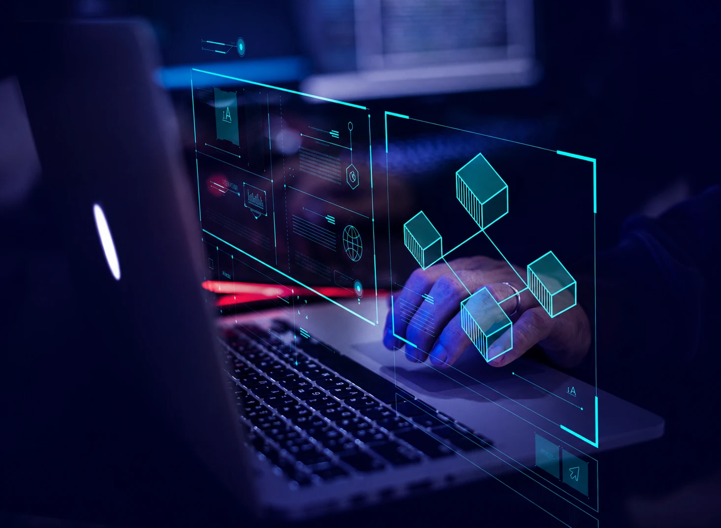 Pessoa a teclar no computador com imagem de dados virtuais