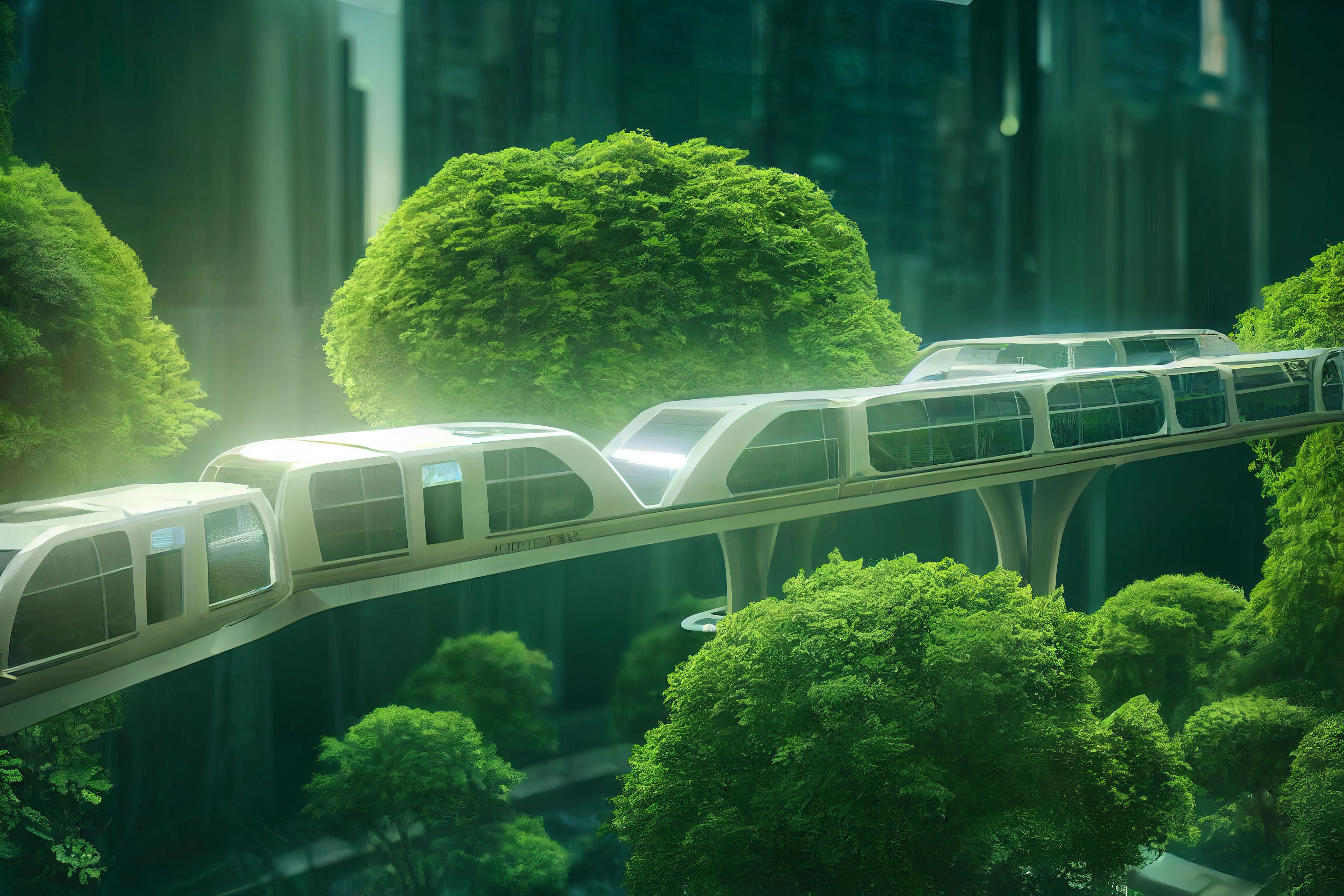 Comboio futurista num espaço verde