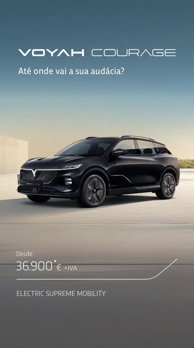 Voyah Courage, SUV elétrico preto, estacionado em ambiente minimalista. Texto: "Até onde vai a sua audácia?" Desde 36.900€ +IVA. Electric Supreme Mobility.