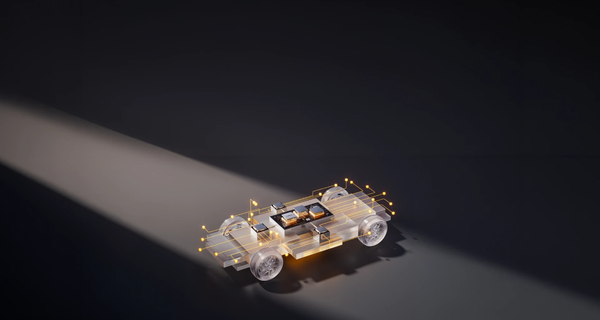 Ilustração tecnológica do chassis do XPENG P7+ com componentes eletrónicos destacados e ligações digitais luminosas.