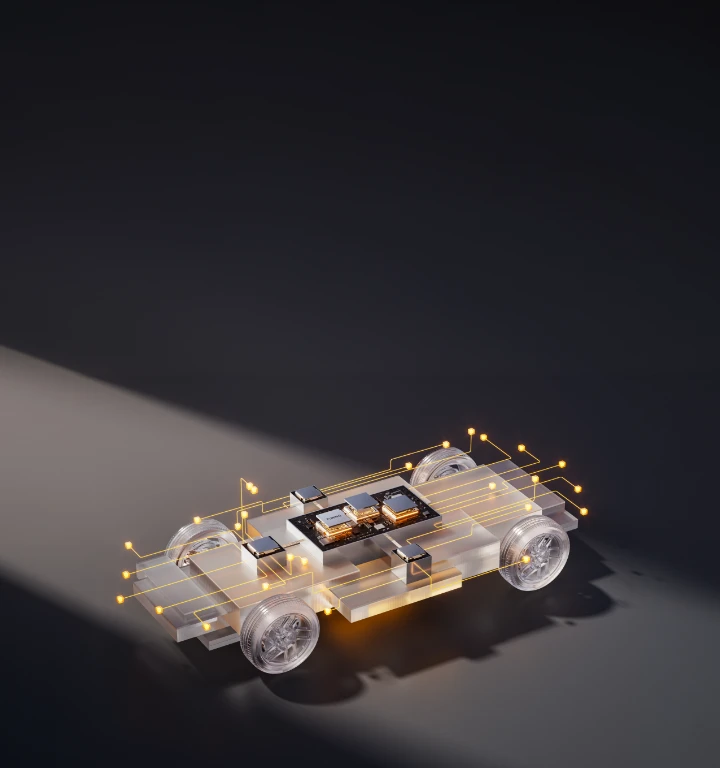 Ilustração tecnológica do chassis do XPENG P7+ com componentes eletrónicos destacados e ligações digitais luminosas.