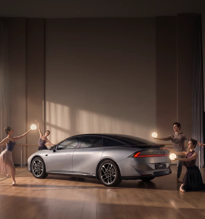 XPENG P7+ estacionado num estúdio de dança rodeado por bailarinos em movimento, reforçando a ligação entre conforto, elegância e experiência premium.
