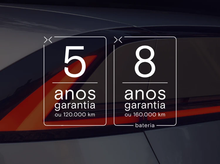 Gráfico informativo sobre fundo com detalhe da traseira do veículo, indicando 5 anos de garantia ou 120.000 km e 8 anos de garantia da bateria ou 160.000 km.